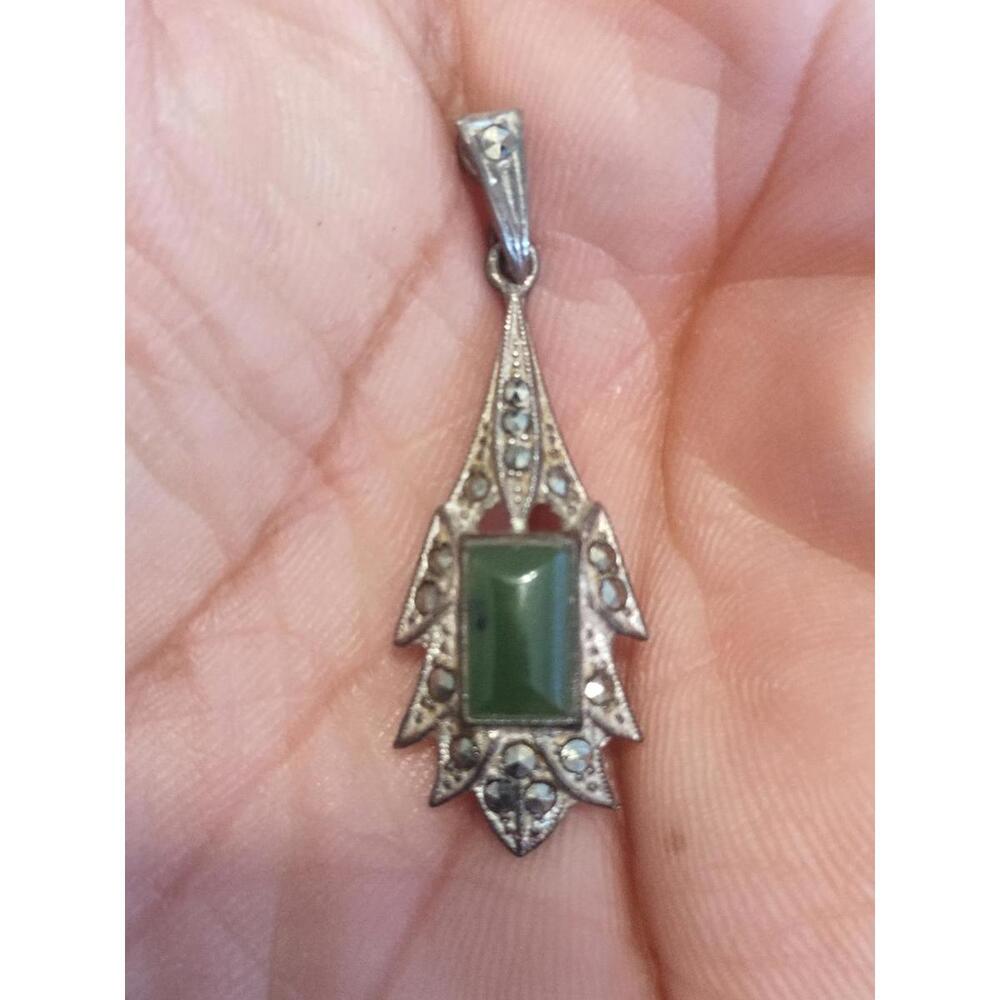 Art Deco silver, marcasite‎ & green chrysoprase pendant c.1930.